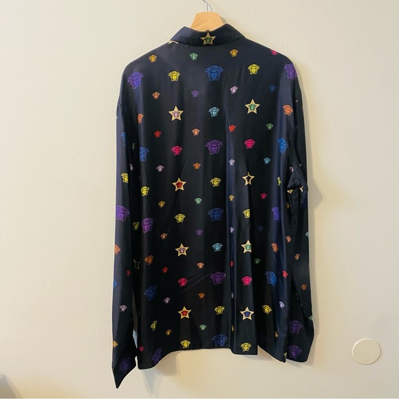 Versace 100% Silk Medusa Star Colorful Button Down Shirt Size 43 - Picture 2 of 11